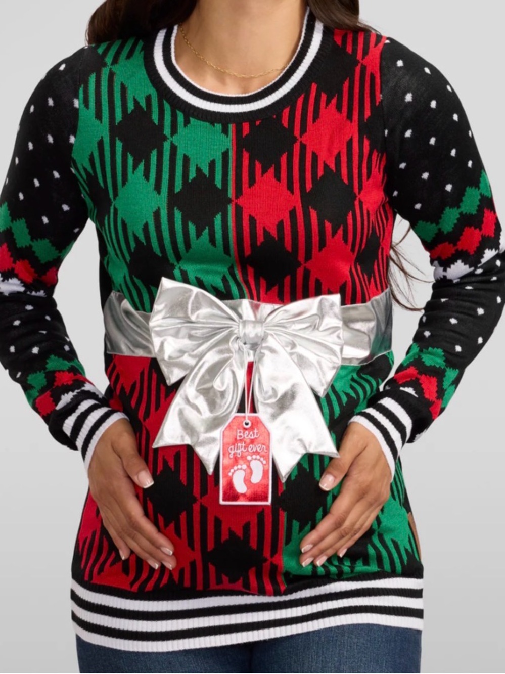 TIPSY ELVES WOMEN'S BEST GIFT EVER MATERNITY BOW CHRISTMAS SWEATER - Picture 2 of 6